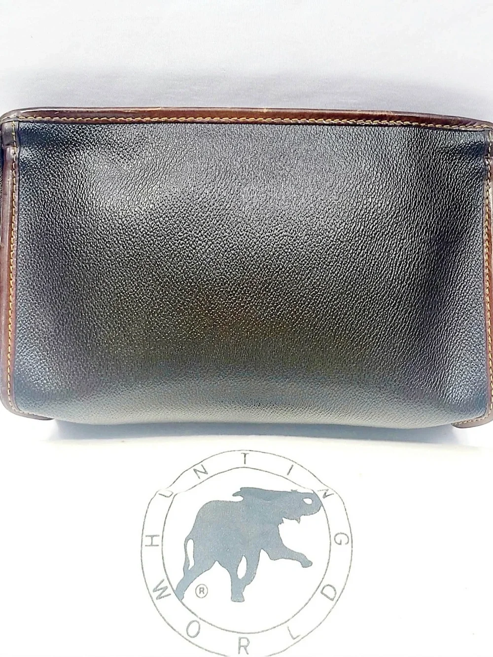 Men's Black Leather Zip Pouch with Brown Trim